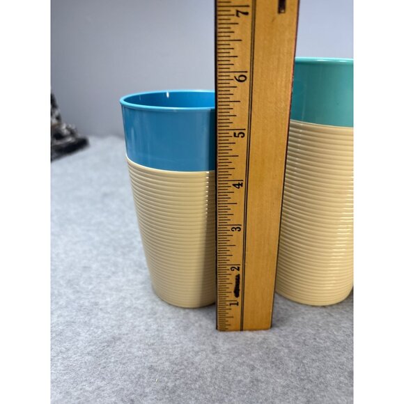 Retro 1960s Raffiaware Thermo-Temp Ribbed Tumblers & Mug Set Teal Cream Thermopl - Picture 6 of 8